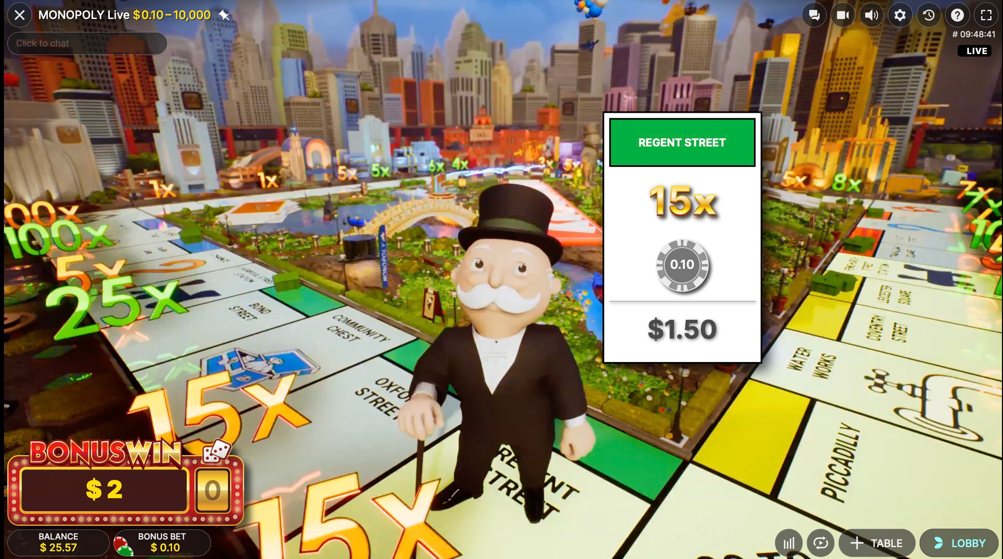 Interfaccia del gioco Monopoly Live